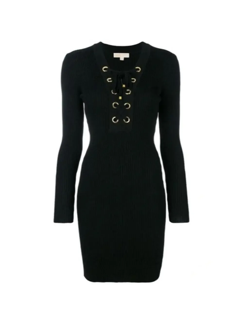 Michael Kors Black Ribbed Lace-Up Knee Length Dress M $325
